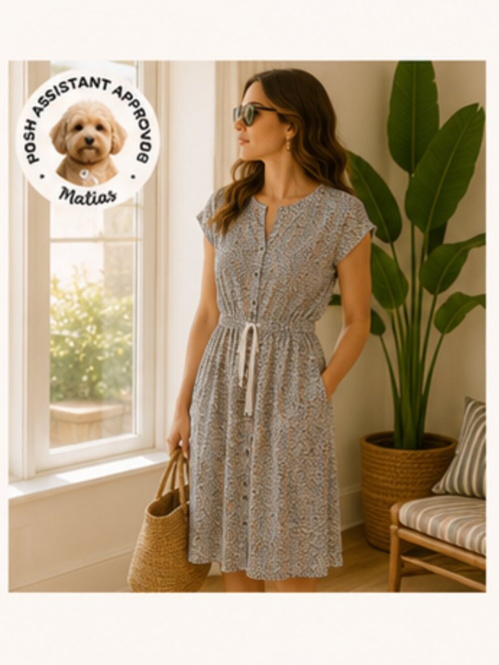 Abstract Print Midi Button Front Tie Waist Cotton Modal Nap Relax Dress. LOFT. 8